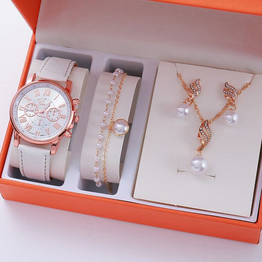 4-Piece Set of Watch and Jewelry Set Women's high-end quartz watch with pearl necklace earrings and braclet set