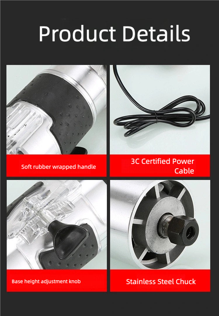 800W woodworking Electric trimmer, compact woodworking planer tools, Electric edger, Electric router, manual wood trimmer with 15 1/4 "drill bit sets, edge and roller guide rails