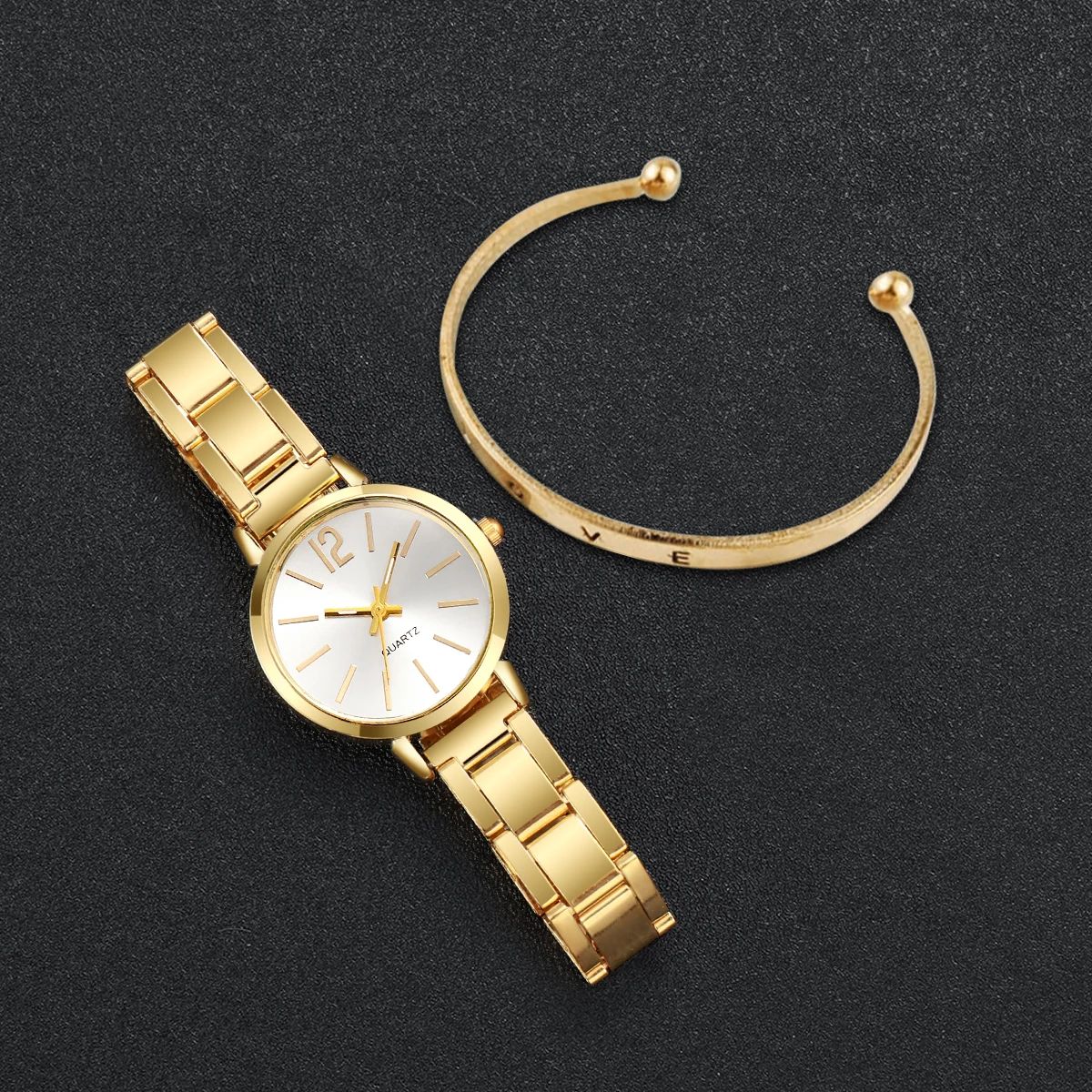 Ladies Fashion Simple Digital Alloy With Quartz Watch Bracelet 2pcs Set Luxury Women Simple Dial Ladies Watches