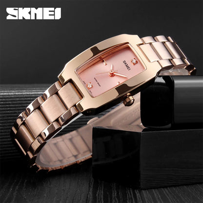 SKMEI Women Watch Rectangle Dial Elegant Quartz Japanese Lady Wristwatches Golden Stainless Steel Bracelet Watches