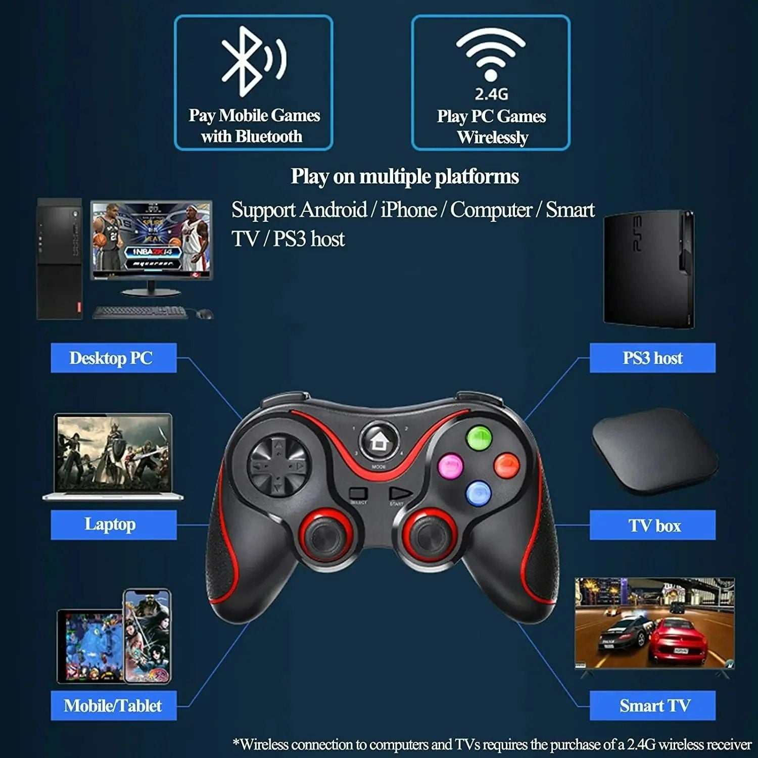 V8 Wireless Bluetooth Game Controller with Smartphone Holder for PC/PS3/Switch/Android/IOS/TV Box Gaming Handle