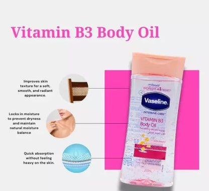 Vaseline Vitamin B3 Radiant Body Oil With Pure Cocoa Butter-200ml Replenishing Oils for Healthy Glowing Skin 100 Percent Pure Cocoa Butter Ultimate Skin Care