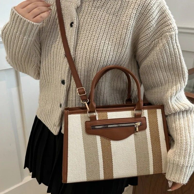Mateamoda Elegant Striped Tote Bag with Rich Leather Accents Crossbody Bag Underarm Handbag