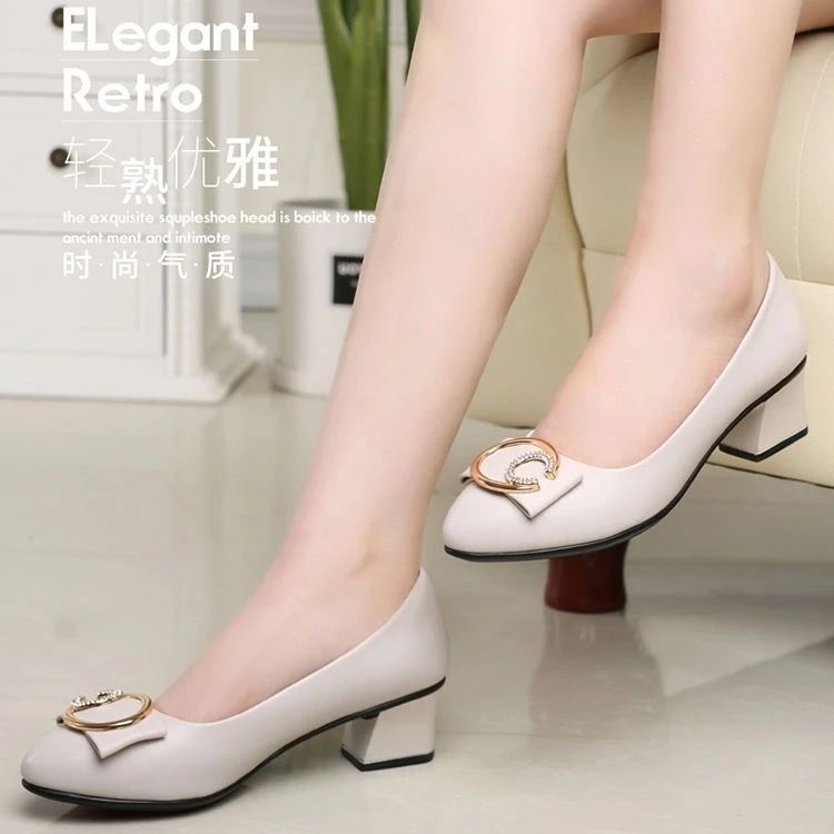 Women's PU artificial leather thick heels shoes girls shallow mouth pointed single heels light fashion high heels Mom work shoes Beige