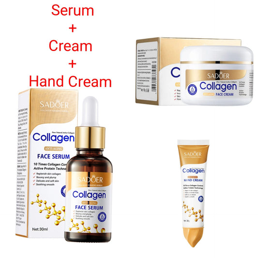 3 in 1 Set Sadoer Collagen Face Serum Anti Aging Collagen Serum + Collagen Face Cream Anti Aging Cream + Collagen Anti-wrinkle Hand Cream Moisturizing and Anti Fine Lines Face Hand smoothening