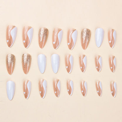 Valentine's Day long almond shaped platinum line nail art French white border wave leopard print gold powder wearing nail art heart-shaped nail art sheet