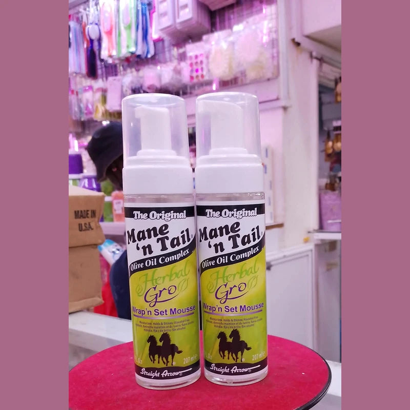 Two bottles of Mane ’n Tail Herbal Gro Wrap ’n Set Mousse – Olive Oil Complex