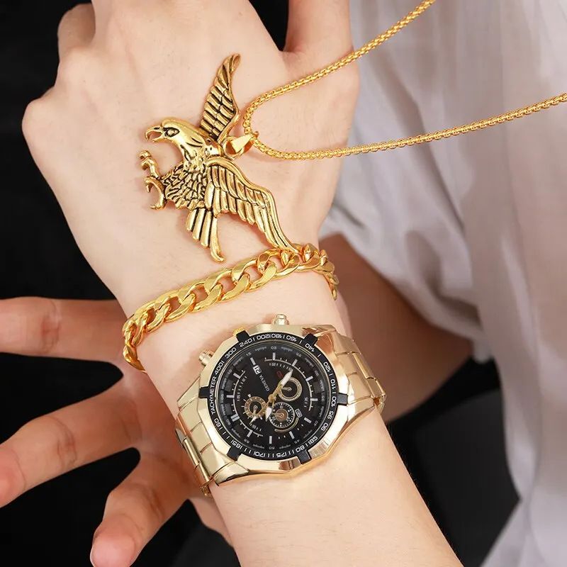3pcs set Best Selling Fashion Mens Sports Gold Three Eyes Watches Men Business Steel Quartz Wrist Watch Calendar Male Casual Eagle Necklace Bracelet Wristwatch With Box