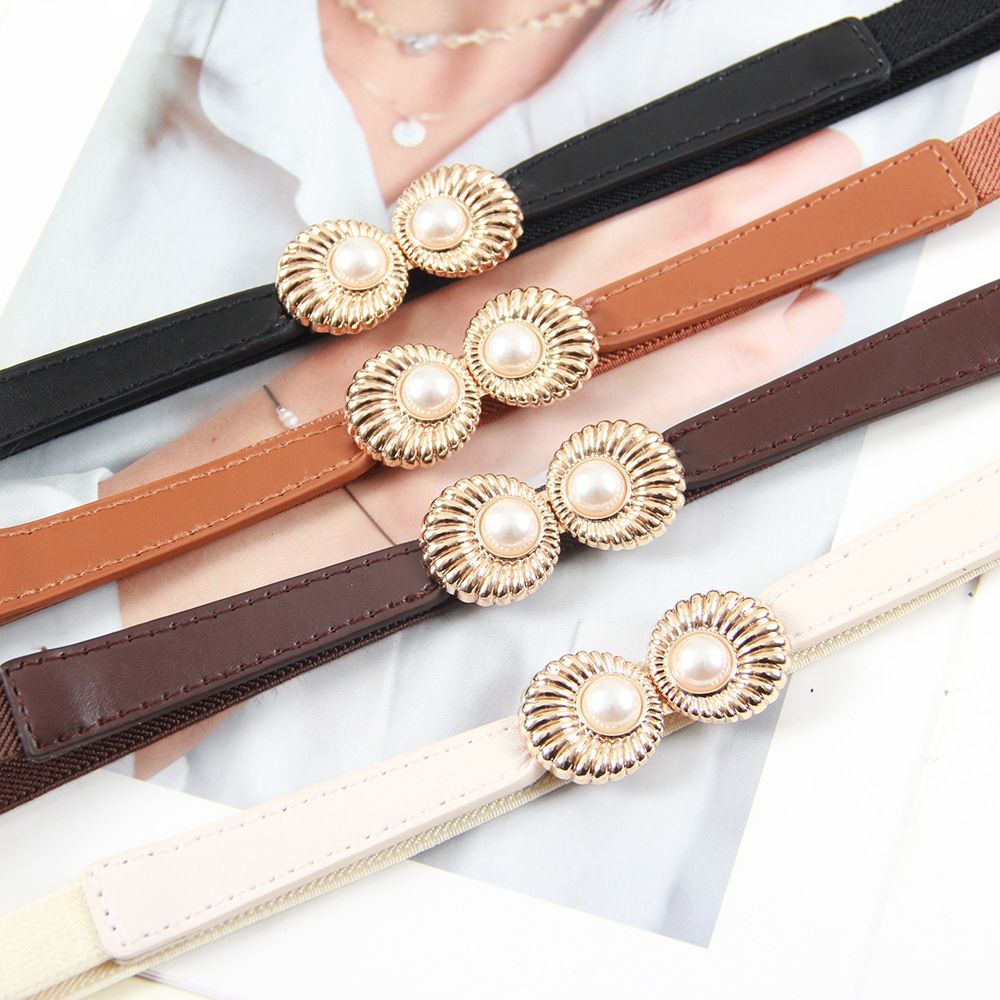 2pcs Pearl Buckle Belt New style women's belts women's elastic belts fashionable elastic pearl button coat dress versatile accessories