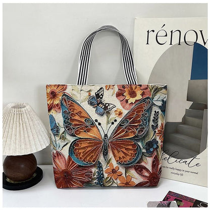 Gelory Fashion Painted Western Retro Style Large Capacity Tote Bag Zipper Closure Canvas Women's Shoulder Handbags