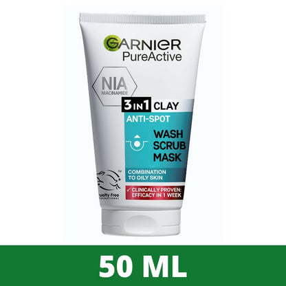 【Discounted】Garnier Pure Active Cleanser 3 in 1 Clay Wash, Scrub, Mask 50ml