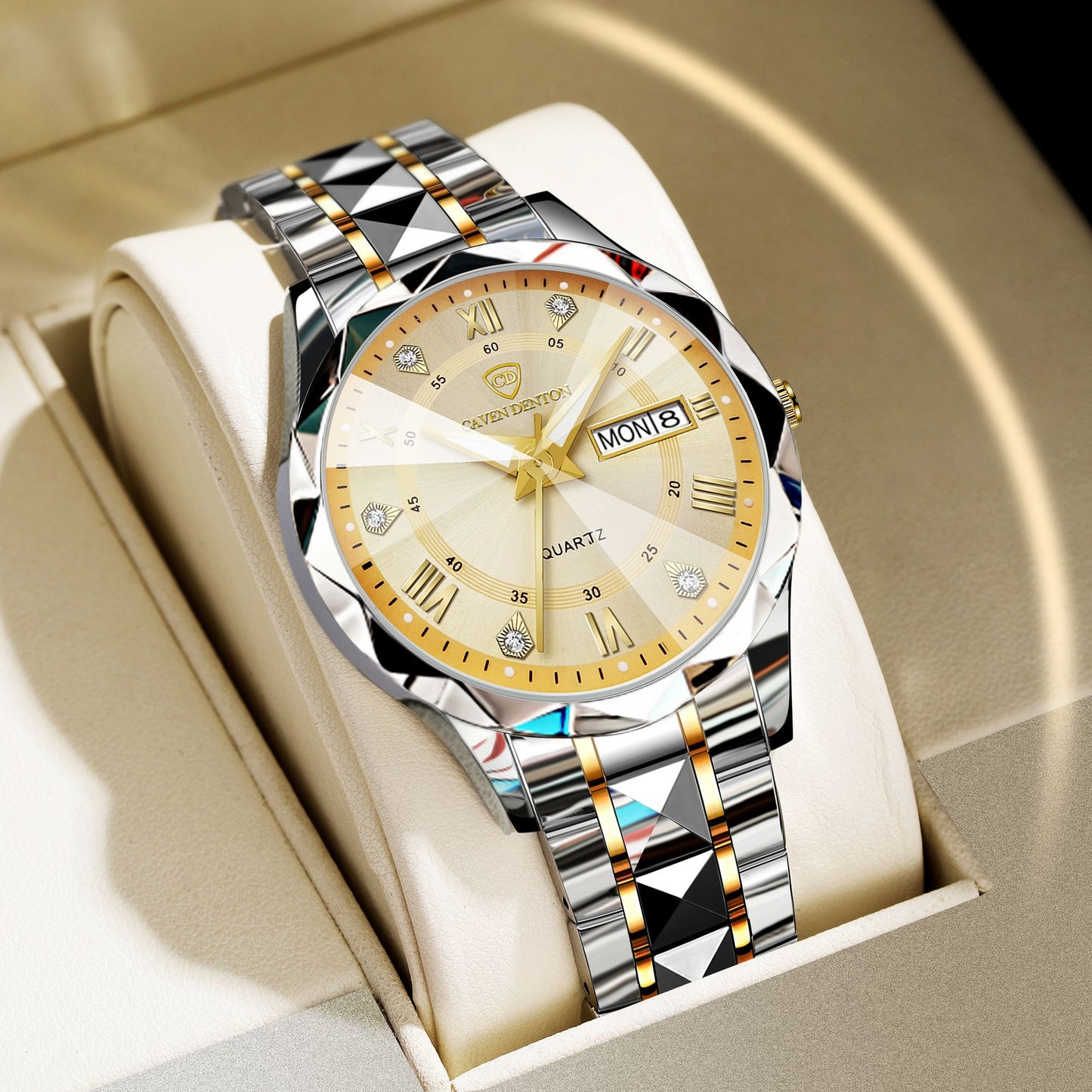 Men Watch Water Diamond Luxury Night Glow Double Calendar Quartz Movement 41mm Blue Gold Stainless Steel Fashion Business Watch