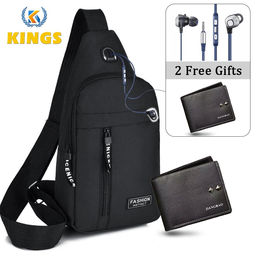 Men Chest Bag Sling Bag Wallet Wired Earphones Set - Black