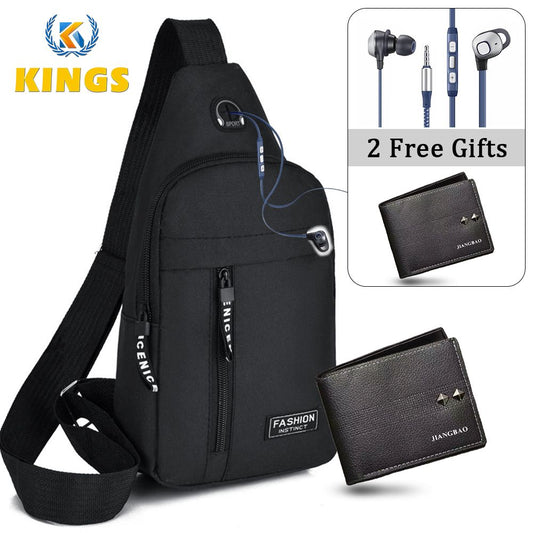 Men Chest Bag Sling Bag Wallet Wired Earphones Set - Black