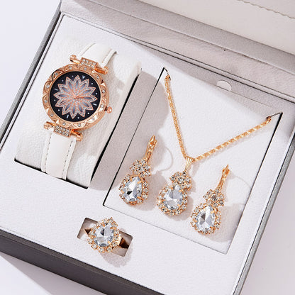 Popular Fashion 5 Set Pink Women Watch Ring Necklace Earrings Bracelet Set Watches Luxury Crystal Butterfly Leather Strap Ladies Quartz WristWatch (With Box)