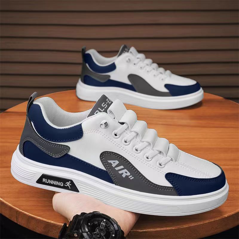 Size 41-44 Men's casual PU artificial leather running shoes sneakers boys sports driving shoes students single shoes athletic skateboarding shoes white+ blue+ grey