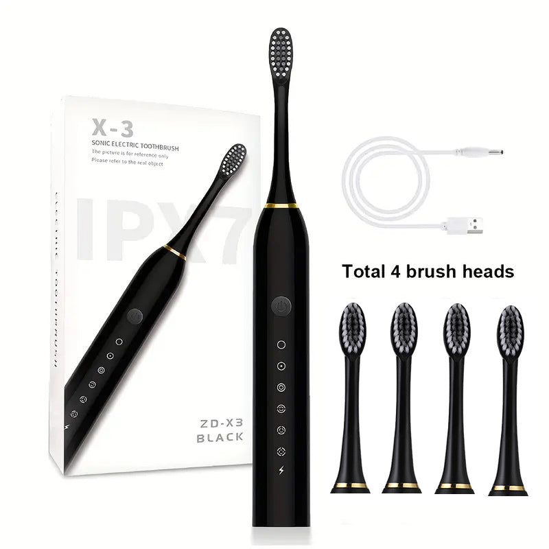 Ultrasonic Electric Toothbrush Rechargeable USB Waterproof Sonic Automatic Tooth Brush with 6 Modes 4 Brush Heads