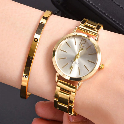 New Arrivals 2pcs Women's Quartz Watch+LOVE Bracelet Set Fashion Lady Wrist Watches Simple Digital Stainless Steel Band Watches Gift For Valentine's Day