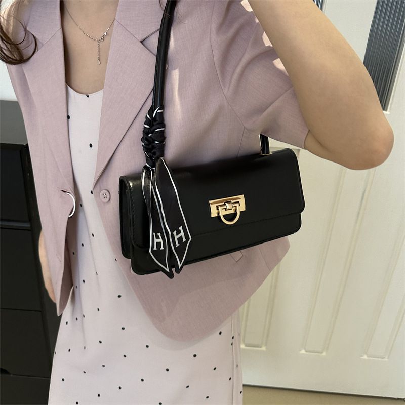 Ladies Underarm Bag Women Handbag Black PU Bag Ribbon Decoration Small Bag Phone Bag