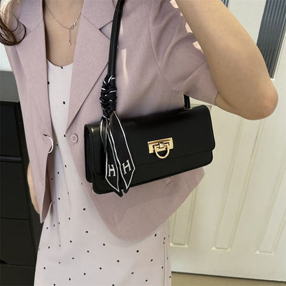 Ladies Underarm Bag Women Handbag Black PU Bag Ribbon Decoration Small Bag Phone Bag