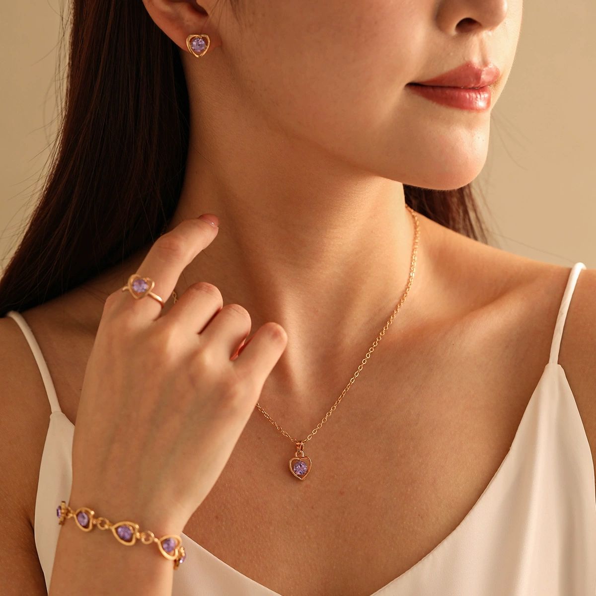 6PCS Ladies Watch Jewelry Set Watch Ring Necklace Earrings Bracelet Set Pink Crystal Waterproof Watch Set Wristwatch Ladies' Love Dial Quartz Watch Can Be Used As Romantic Gift Or Prop Shooting