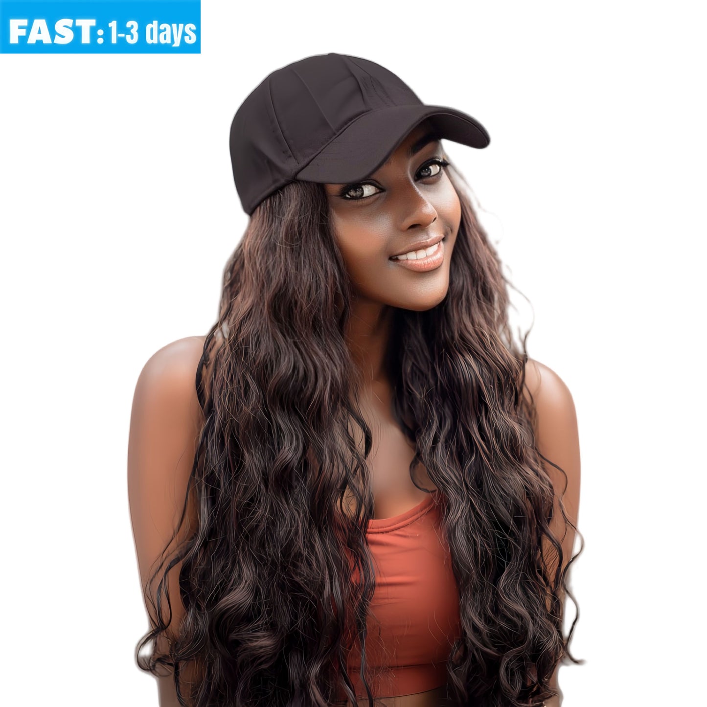 Synthetic Fiber Baseball Cap Curly Hair Wig | Full Head Cover with Natural Waves (Dark Brown, 20 Inch, Breathable, Outdoor/Casual Style)
