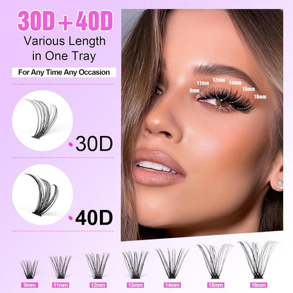 Lash Extension Kit DIY 280pcs Lash Clusters Eyelash Extension Kit, 9-16mm 30D 40D Individual Lashes Kit with Lash Bond and Seal, Lash Tweezers for Self Use (30D&40D, 0.07D, 9-16mm, Kit)
