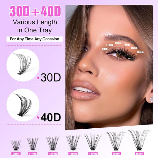 Lash Extension Kit DIY 280pcs Lash Clusters Eyelash Extension Kit, 9-16mm 30D 40D Individual Lashes Kit with Lash Bond and Seal, Lash Tweezers for Self Use (30D&40D, 0.07D, 9-16mm, Kit)