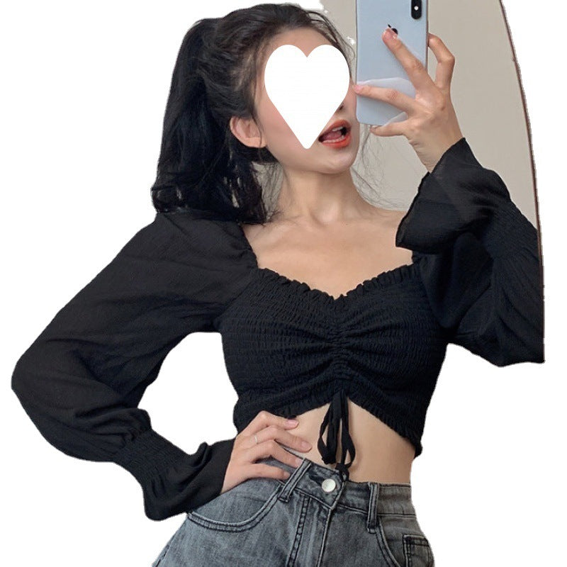 Women Tops And Bloues Sexy Women Long Sleeve Square Neck Shirt Drawstring Off Shoulder Blouse Crop Top
