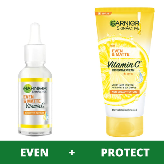 【Discounted】Garnier even tone essentials kit- Vitamin C Serum 30ml & Even & Matte Vitamin Spf30 -50ml