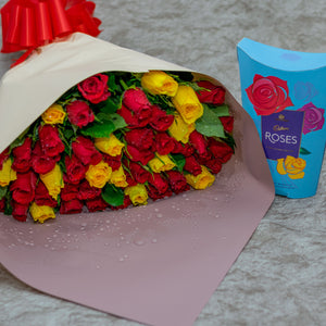 Mixed Roses Flowers and Cadbury Roses Chocolate