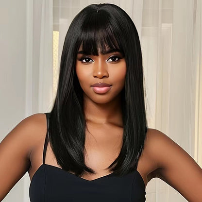 Long straight synthetic bangs medium long hair black wigs for women