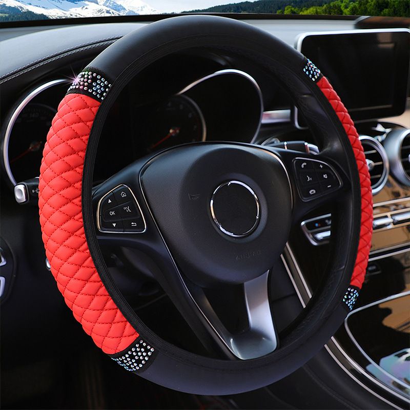Car Steering Wheel Cover Without Inner Ring 37-38cm Three-dimensional Leather Embroidered Color Diamond-encrusted Breathable