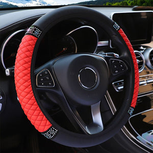 Car Steering Wheel Cover Without Inner Ring 37-38cm Three-dimensional Leather Embroidered Color Diamond-encrusted Breathable