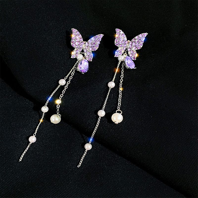 2024 Fashion Jewellerys 1 Pair Shiny Butterfly Rhinestone Drop Dangle Earrings Women Elegant Long Pearl Tassel Chain Pendant Party Jewelry Earrings Jewelry for Teen Girls Gift Spring Earrings Gifts