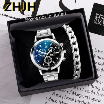 ZHJH Men's Large Dial Watch Metal Bracelet Set Men's Metal Strap Wristwatch Men's Quartz Watch Silver Watch Set