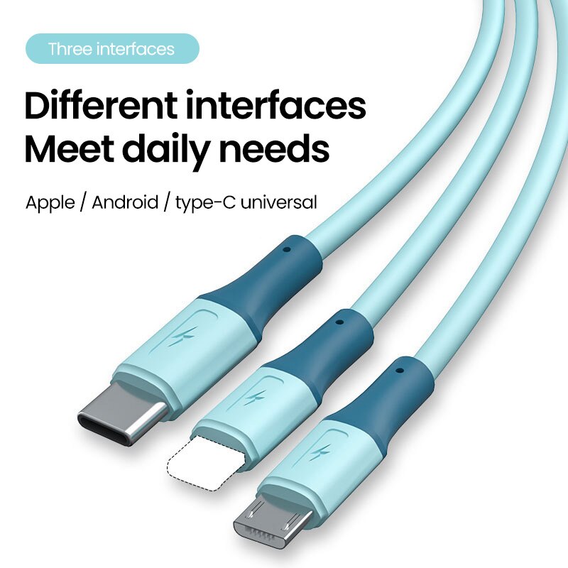 3 In1 Liquid silica gel charging cables Micro USB+type c+iphone Charger Cable Fast Charging data line Data Cables