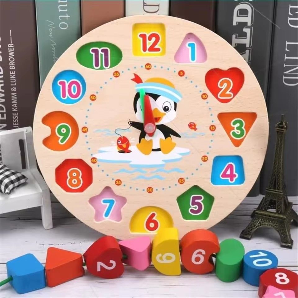 Montessori Children Clock Puzzle Cartoon Animals Tangram Cognitive Numbers Clock Early Learning Threading Assembly Toys