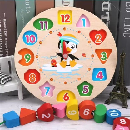 Montessori Children Clock Puzzle Cartoon Animals Tangram Cognitive Numbers Clock Early Learning Threading Assembly Toys