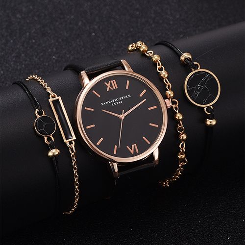 5pcs Quartz Watch Set Ladies Elegant Gemstone Bracelet Quartz Wristwatch Women Leather Quartz Watches Bracelet Set Clock Gift