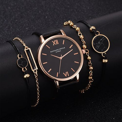 5pcs Quartz Watch Set Ladies Elegant Gemstone Bracelet Quartz Wristwatch Women Leather Quartz Watches Bracelet Set Clock Gift