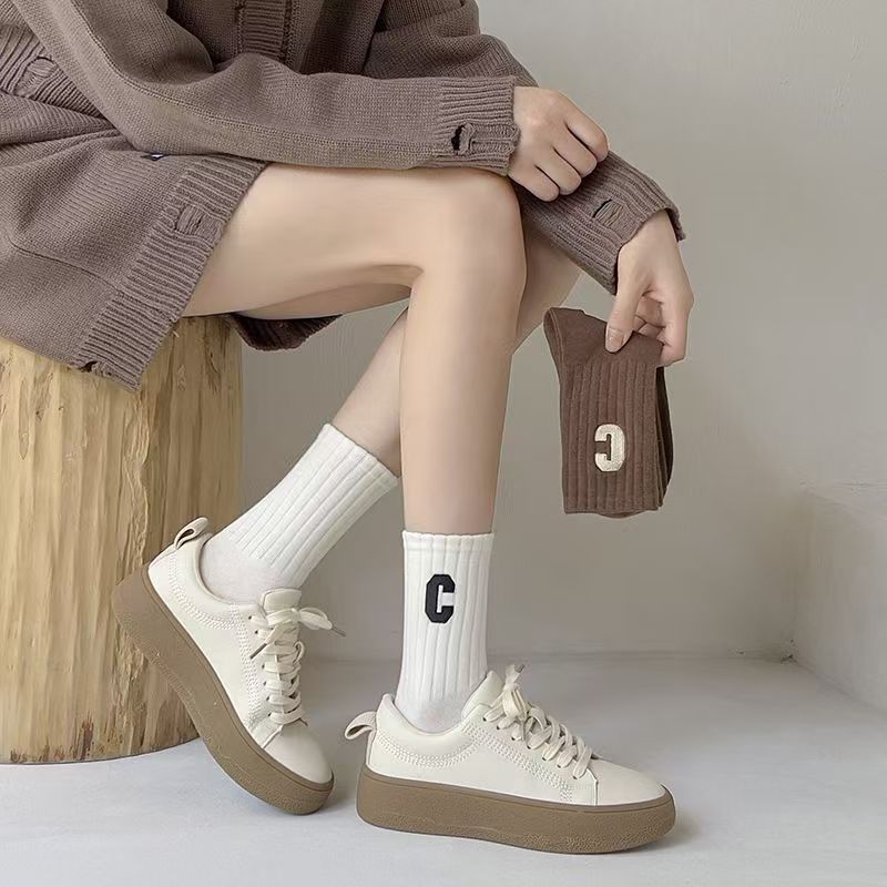 5 Pairs Of Socks Cotton Stockings Bling Ladies Trend All-fit Mid-tube Socks Autumn Winter Vertical Bar Letter Kinematic Growth Socks