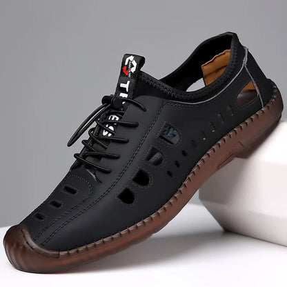 ASSKLO Men Leather Sandals PU Leather Loafers Hole Shoes Non-slip Cow Tendon Sole Casual Shoes Wading Shoes Beach Shoes Oxford outdoor lightweight sneakers Casual Sandals Hollow Out Shoes Flats brown