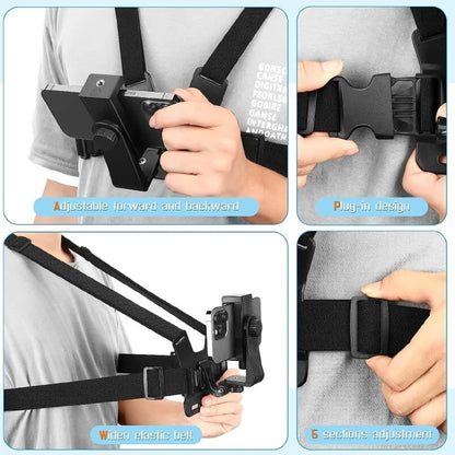 Mobile Phone Holder Adjustable Chest Strap 120°Adjustable Phone Clip Holder Cell Phone Fixation Bracket Sport Camera Holder Mount Harness Strap Video Vlog Lift Adjustable Mobile Phone Holder
