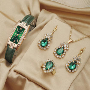 5PCS Women's Watch Earrings Necklace Ring Set Diamond Square Watch Jewelry Set Business Wristwatch Quartz Ladies' Watch
