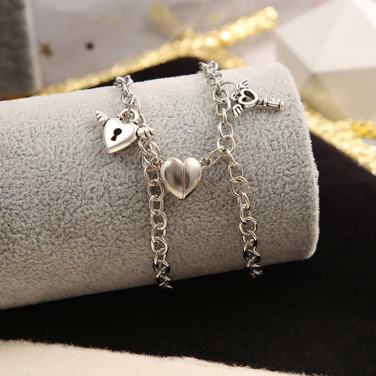Couple Bracelets Magnetic Buckle Lovers Bracelets Fashion Love Key Lock Design couples Wrist Chain Bracelet Heart Couple Bracelet