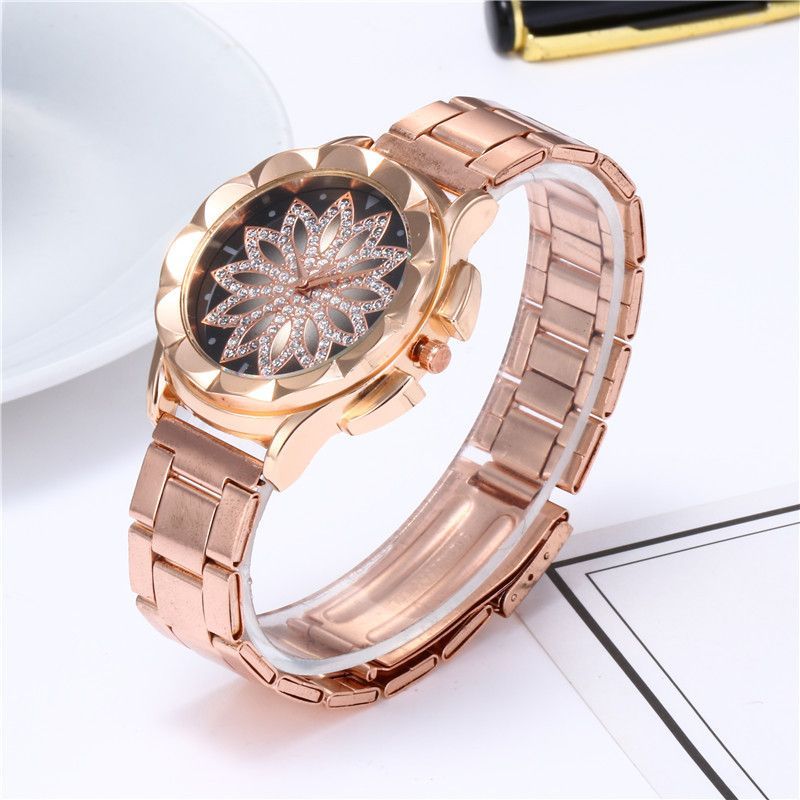 ZHJH Women's Watch Steel Strap Lotus Diamond Watch Luxury Business Watch Alloy Women's Watch Rose Gold Watch