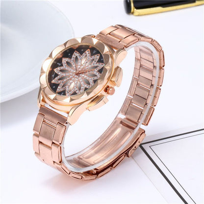 ZHJH Women's Watch Steel Strap Lotus Diamond Watch Luxury Business Watch Alloy Women's Watch Rose Gold Watch