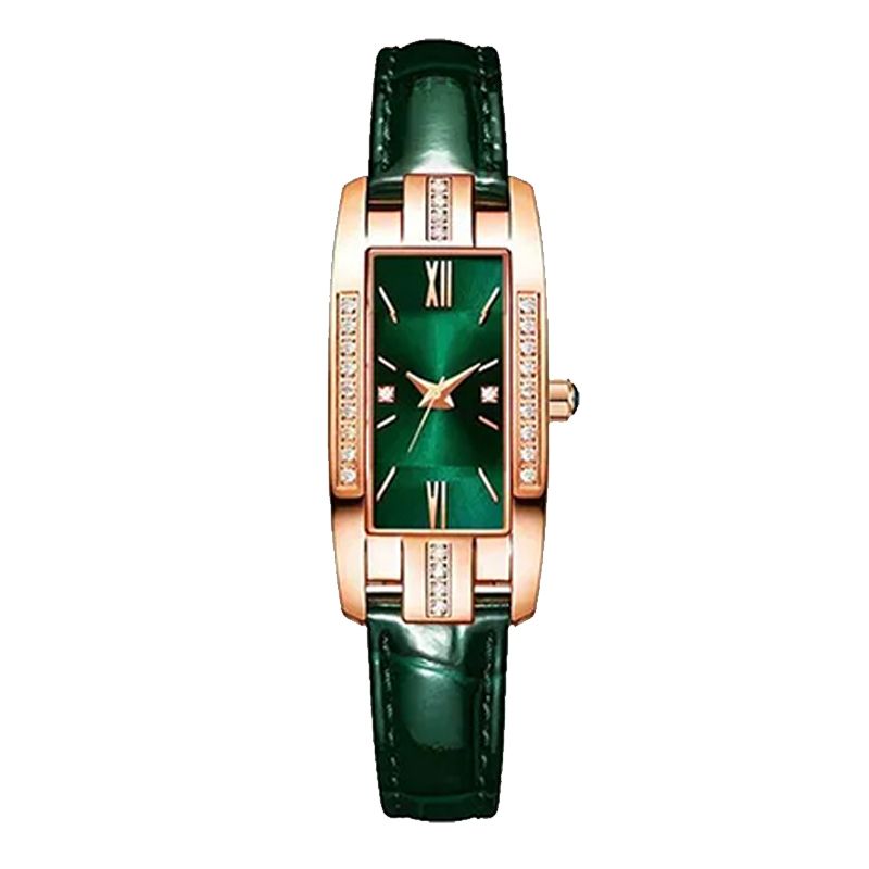 Womens Watches Fashion Square Ladies Quartz Watch Bracelet Set Green Dial Simple Leather Luxury Women Watches