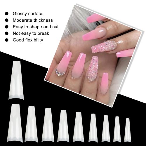 500pcs Half Cover Coffin Nail Tips, 10 Sizes Acrylic Ballerina Nail Tips with Box, White